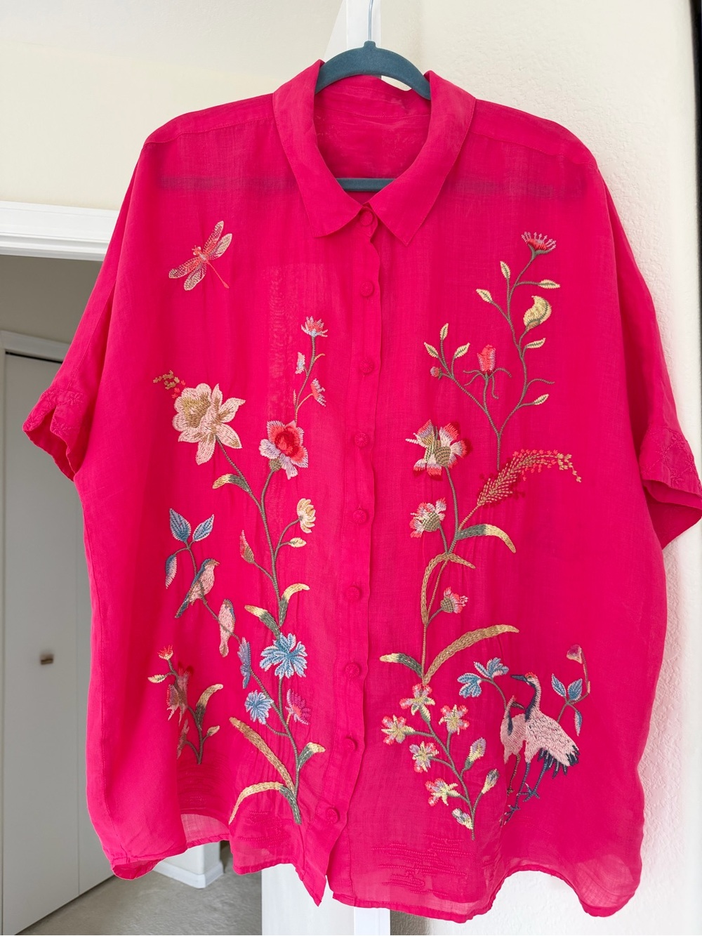 JOHNNY WAS Geniveve Relaxed Dolman Shirt Embroidered Floral Birds - Picture 2 of 13